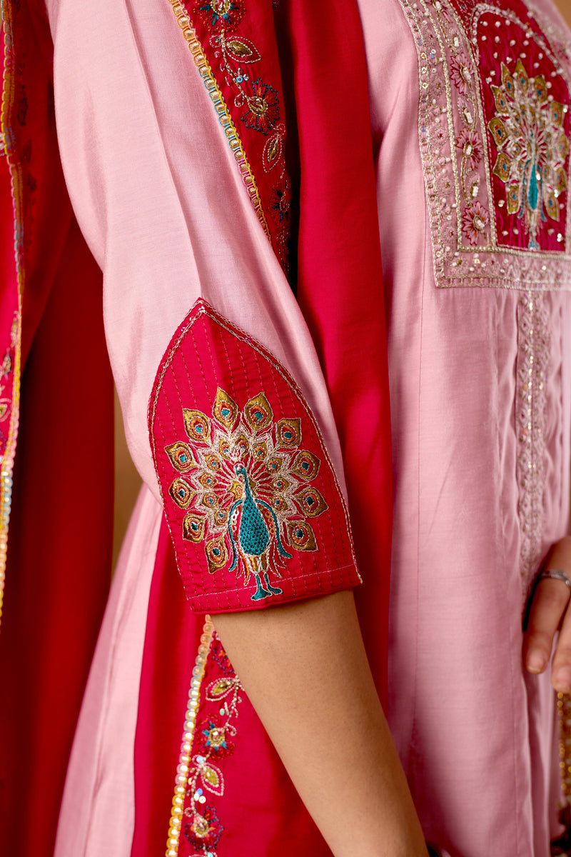 Elegant Pink Roman Silk Kurti Set
