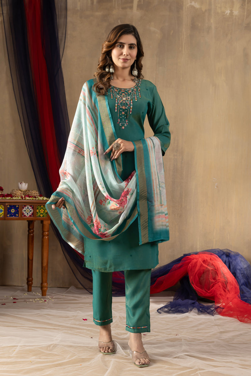 Rama Green Shimmer Gold Silk Multi Embroidered Suit Set
