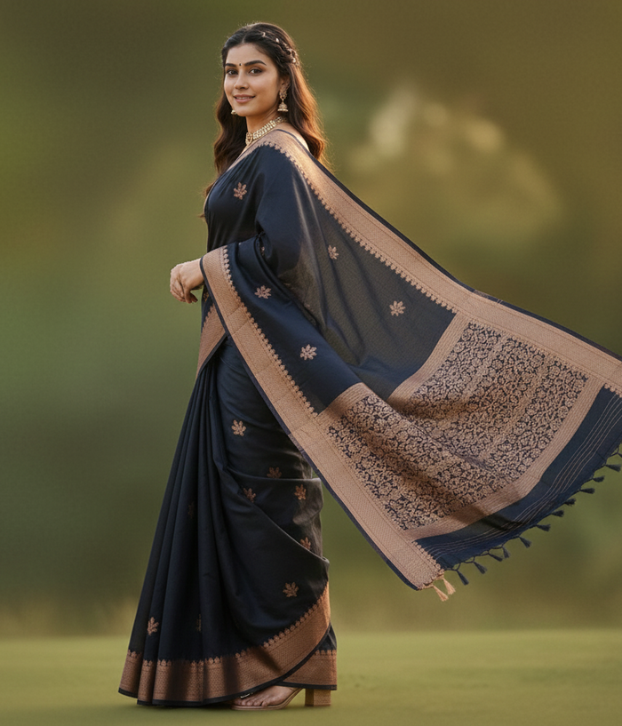 Elegant Black Jacquard Saree – Premium Woven Texture & Timeless Festive Style