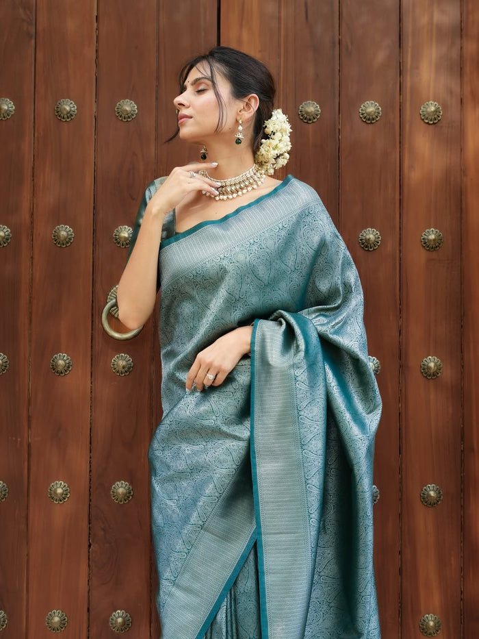 Peacock Blue Jacquard Saree – Regal Woven Elegance with Timeless Appeal