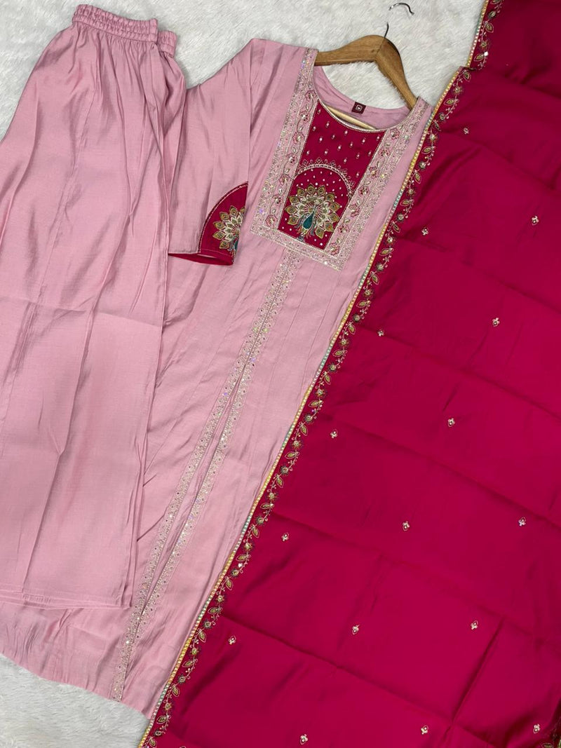 Elegant Pink Roman Silk Kurti Set