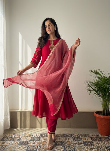 Red Viscose Chanderi Embroidered Kurta Set