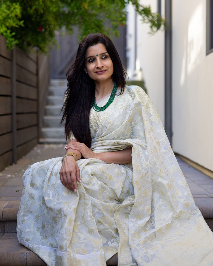 Elegant White Jacquard Saree for Festive, Party & Traditional Wear