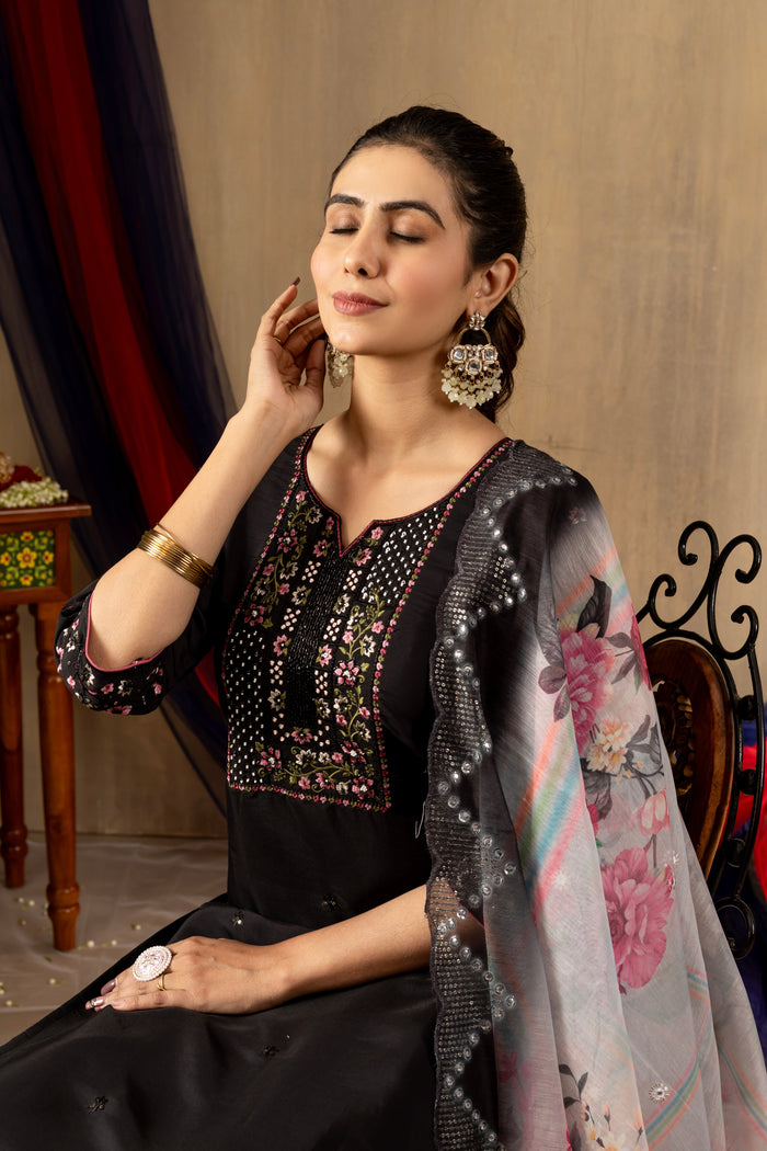 Zehra Black Roman Silk Embroidered Kurta Pant Set