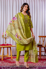 Elegant Parrot Green Viscose Silk Embroidered Kurta Set