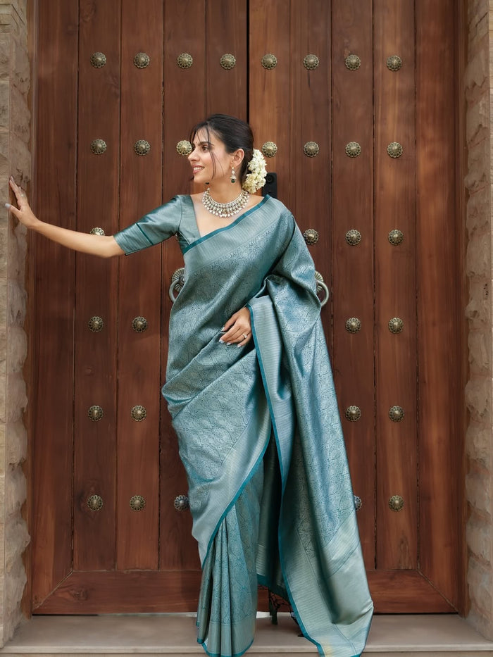 Peacock Blue Jacquard Saree – Regal Woven Elegance with Timeless Appeal