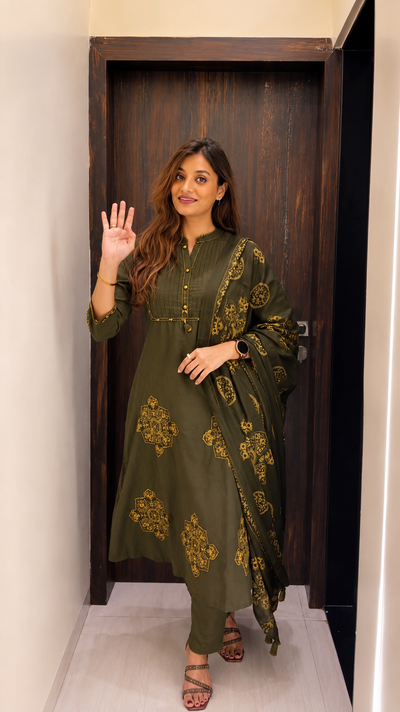 Pure Cotton Green Patchwork A-Line Kurta Pant Dupatta Set