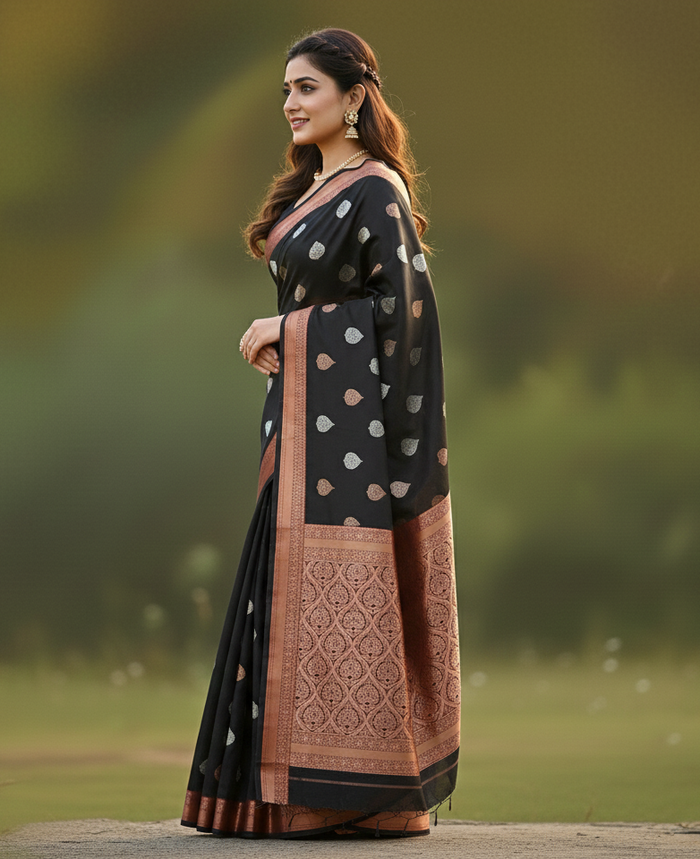 Exquisite Black Jacquard Saree – Elegant Indian Ethnic Wear for Special Occasions