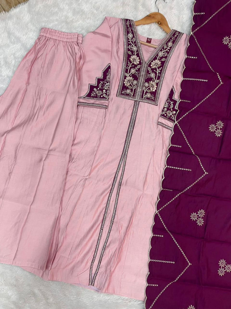 Pink Roman Silk Anarkali Kurti Set