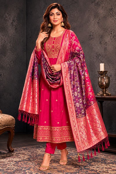 Banarasi Silk Anarkali Kurti Pant Dupatta Set