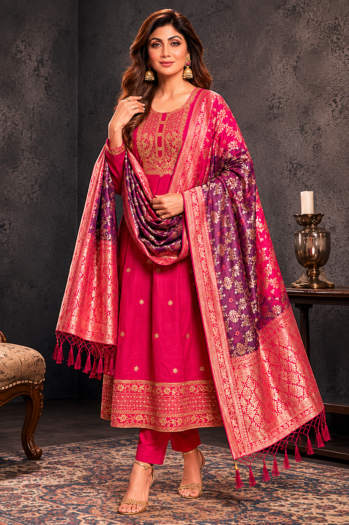 Banarasi Silk Anarkali Kurti Pant Dupatta Set