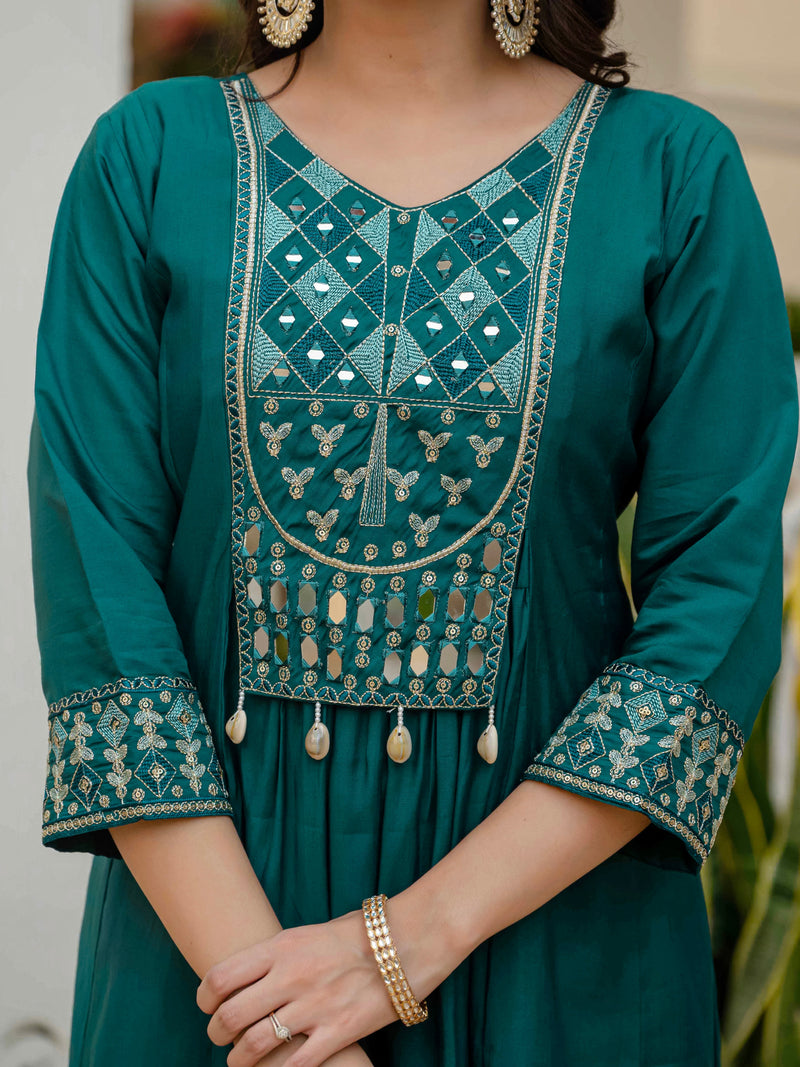 Teal Viscose Roman Silk Anarkali Kurti Pant Set