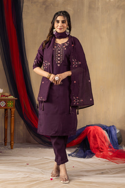Wine Roman Silk Multi Embroidered Suit Set