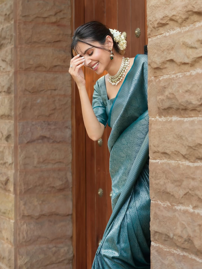 Peacock Blue Jacquard Saree – Regal Woven Elegance with Timeless Appeal