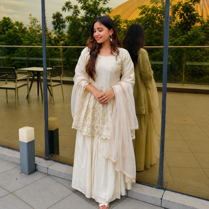 Ivory Embroidered Sharara Suit Set