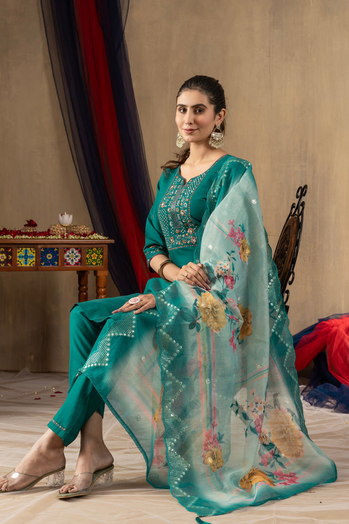 Rama Green Roman Silk Embroidered Kurta Pant Set
