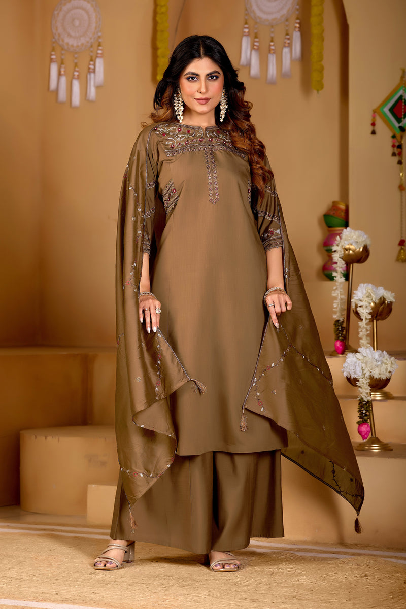 Brown Viscose Mango Silk Anarkali Kurti Set