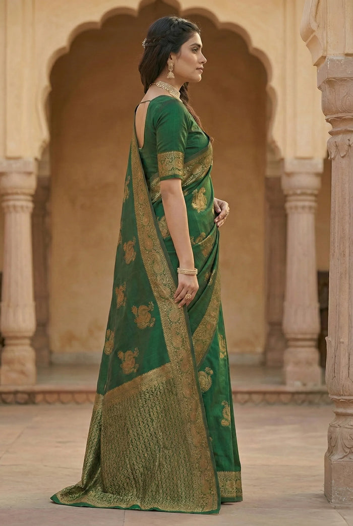 Emerald Green Jacquard Silk Saree with Luxurious Woven Art | Festive & Wedding Elegance