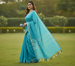 Sky Blue Colour Women's Plain Linen Saree