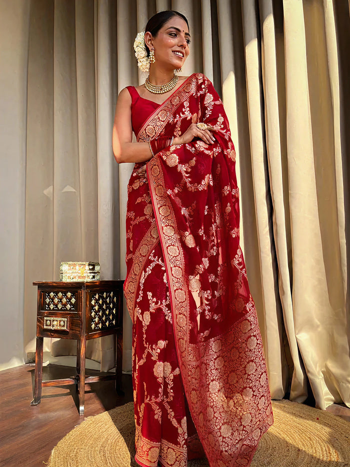 Elegant Red Jacquard Saree for Festive & Wedding Wear – Premium Woven Design