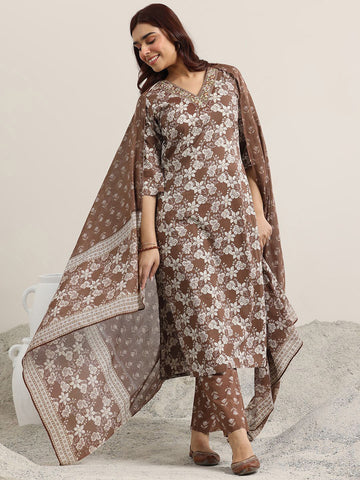 Brown Printed Magic Cotton Kurta Set