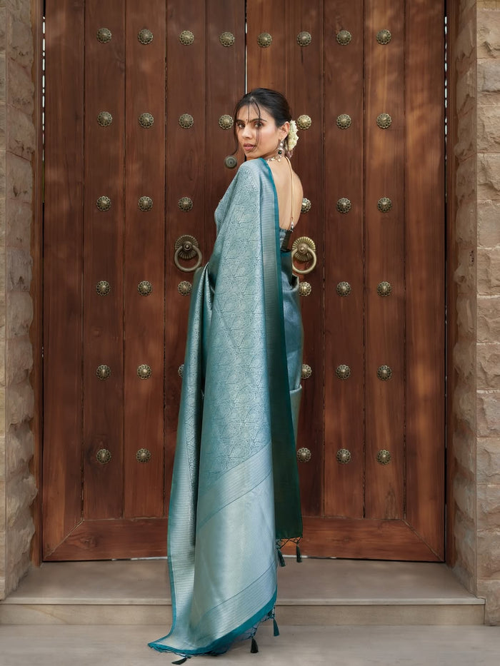 Peacock Blue Jacquard Saree – Regal Woven Elegance with Timeless Appeal