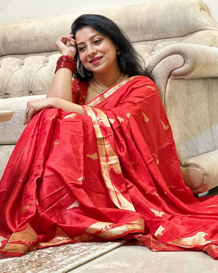 Radiant Red Jacquard Saree for Festive & Party Elegance