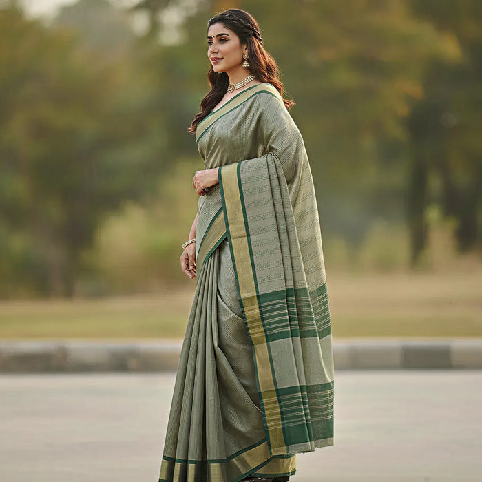 Mahendi Light Green Jacquard Saree – Elegant Festive Wear With Rich Woven Detailing