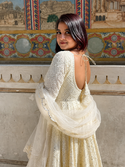 Ivory Mirror Work Georgette Anarkali Suit Set