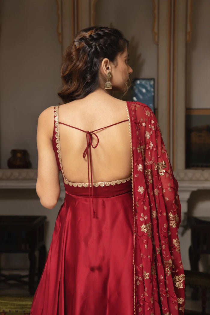 Red Satin Anarkali Suit Set with Embroidered Georgette Dupatta