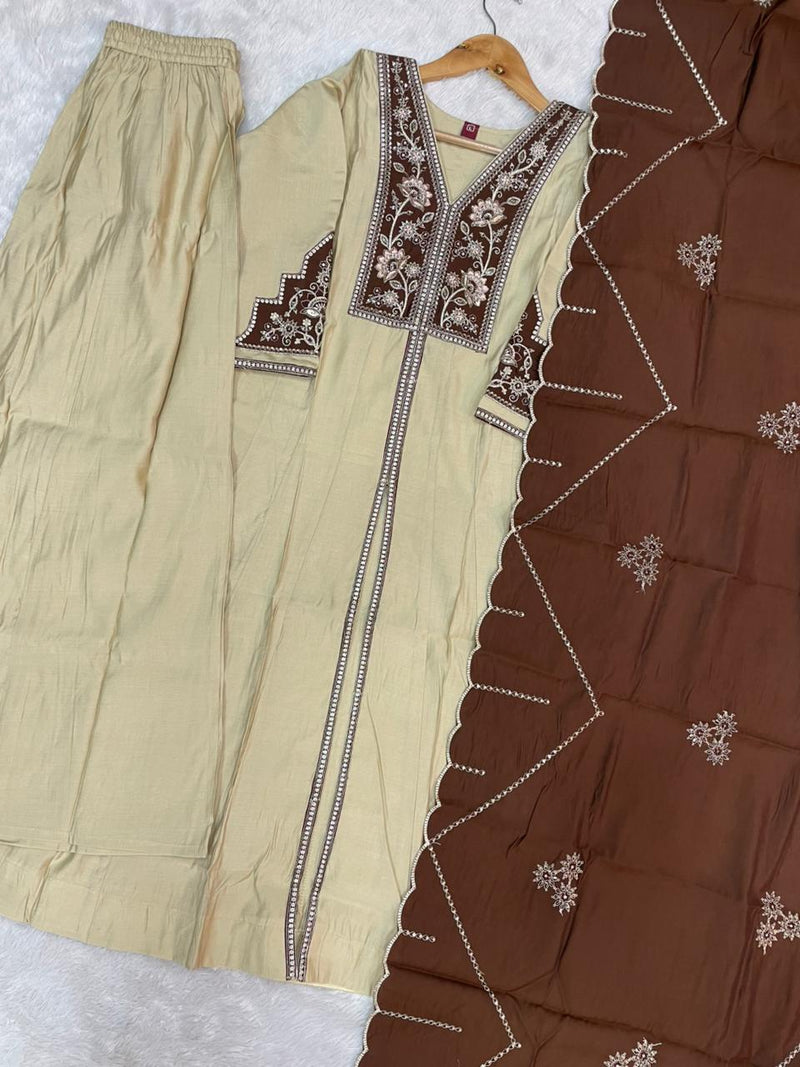 Cream Roman Silk Anarkali Kurti Set