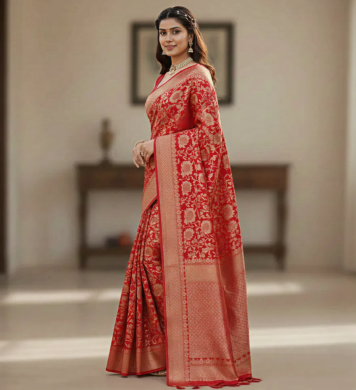 Royal Red Jacquard Saree – Classic Festive Elegance with Intricate Weave