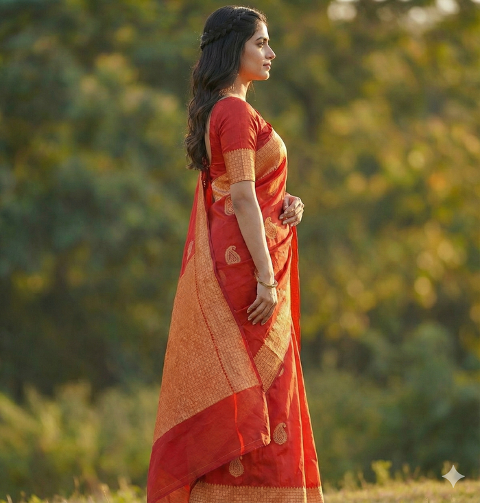 Radiant Red Jacquard Saree – Luxurious Woven Elegance for Festive & Bridal Moments