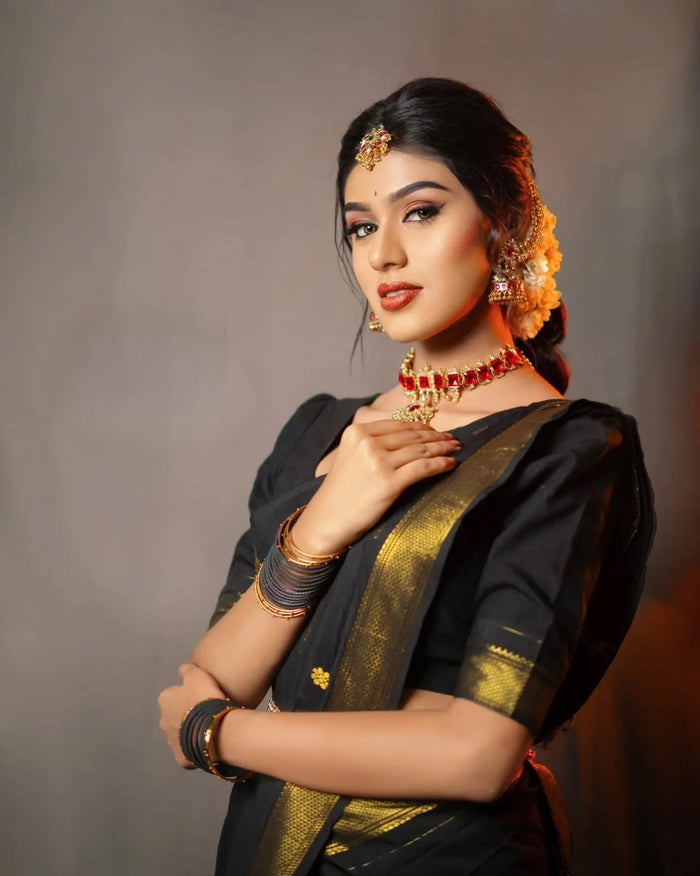 Classic Black Jacquard Saree with Elegant Woven Texture | Timeless Evening Wear