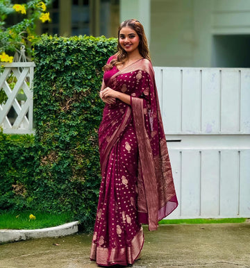 Royal Wine Jacquard Saree for Wedding, Festive & Party Wear