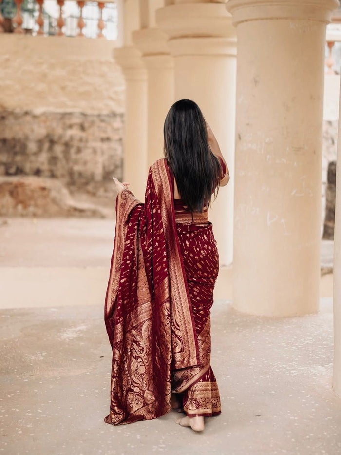 Rich Maroon Jacquard Saree – Elegant Woven Saree for Wedding, Festive & Party Wear