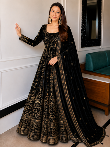 Black Crunchy Silk Embroidered Anarkali Gown Set