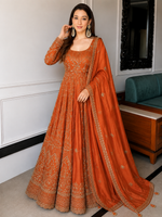 Orange Crunchy Silk Embroidered Anarkali Gown Set