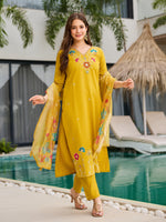 Mustard Yellow Floral Embroidered Suit Set