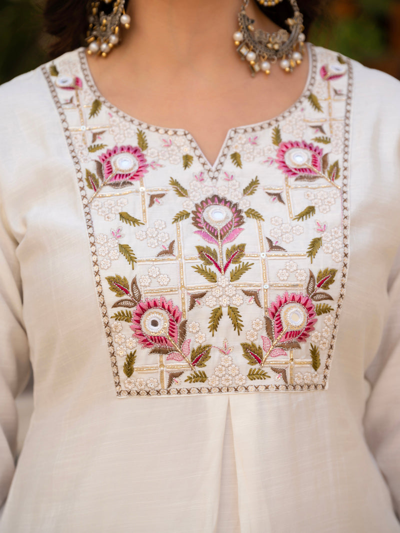 White Viscose Mango Silk Embroidered Kurti Set