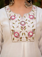 White Viscose Mango Silk Embroidered Kurti Set