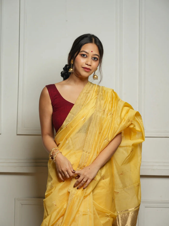 Yellow Cotton Silk Saree – Soft Linen Feel with Rich Jacquard Pallu