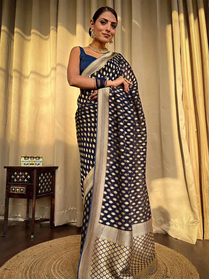 Luxurious Navy Blue Jacquard Saree – Elegant Woven Design for Festive & Party Wear