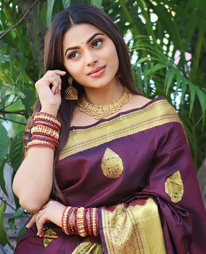 Premium Wine Jacquard Saree – Rich Woven Detailing & Sophisticated Festive Look