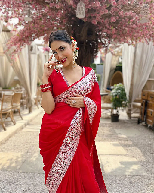 Red Jacquard Saree – Elegant & Festive Indian Ethnic Wear