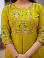 Yellow Viscose Mango Silk Embroidered Kurti Set
