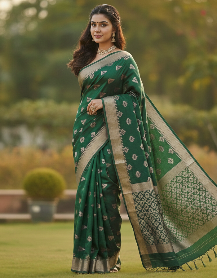 Green Jacquard Saree – Elegant Woven Saree for Festive & Special Occasions