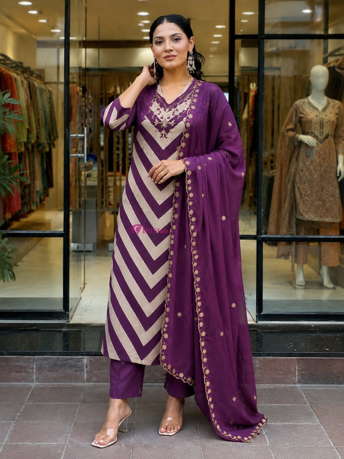 Wine Chanderi Handwork Kurta Pant With Dupatta Set