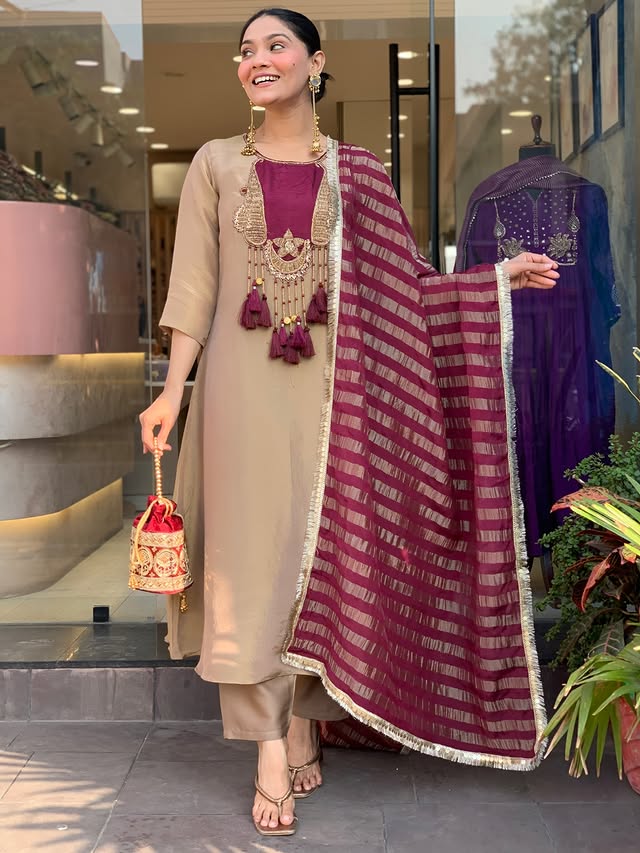 Premium Beige & Wine Designer Kurta Pant Dupatta Set