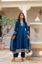 Navy Blue Vichitra Silk Embroidered Anarkali Suit Set